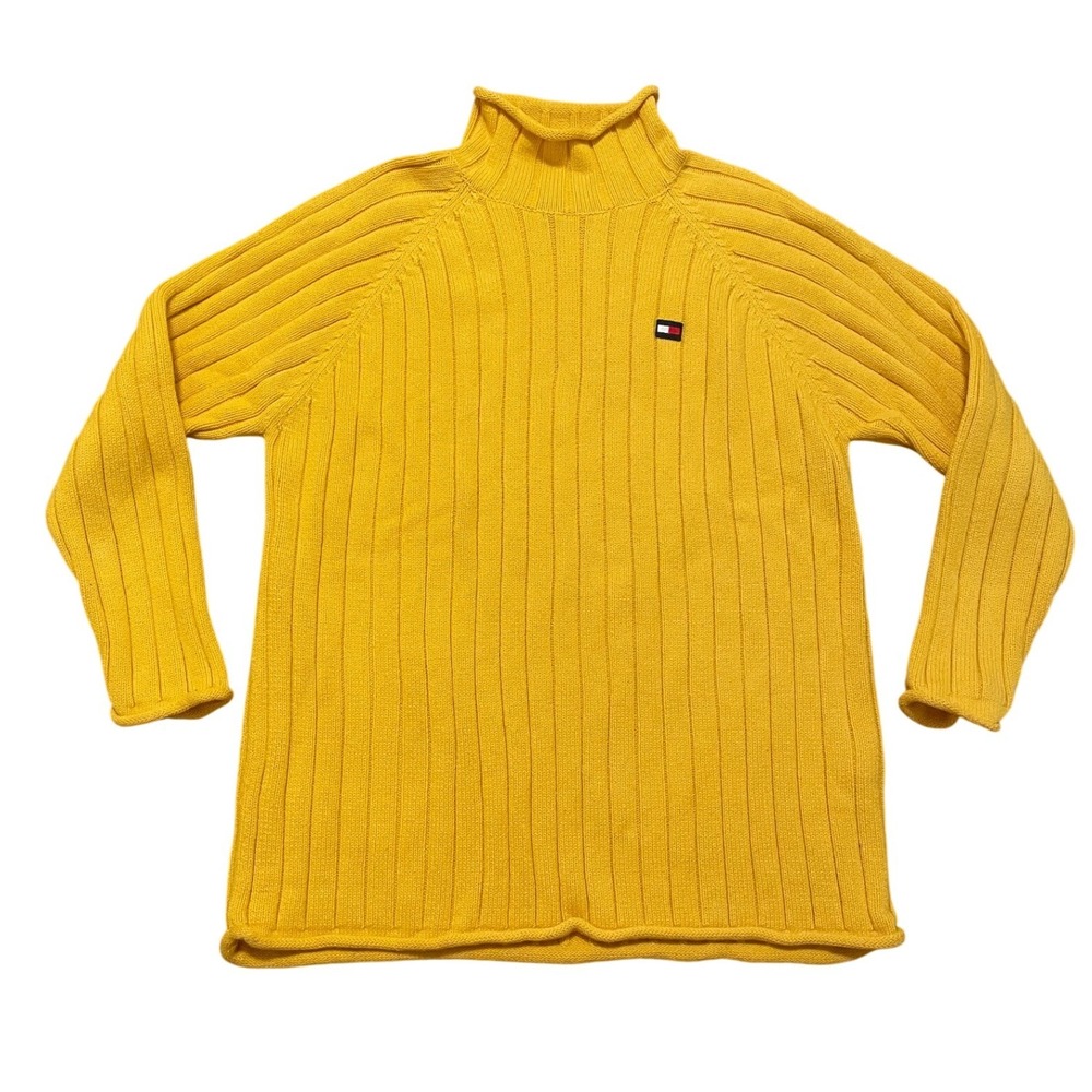 Tommy Hilfiger Cotton Sweater Y2K Yellow Ribbed Mock Neck Small‎ Preppy